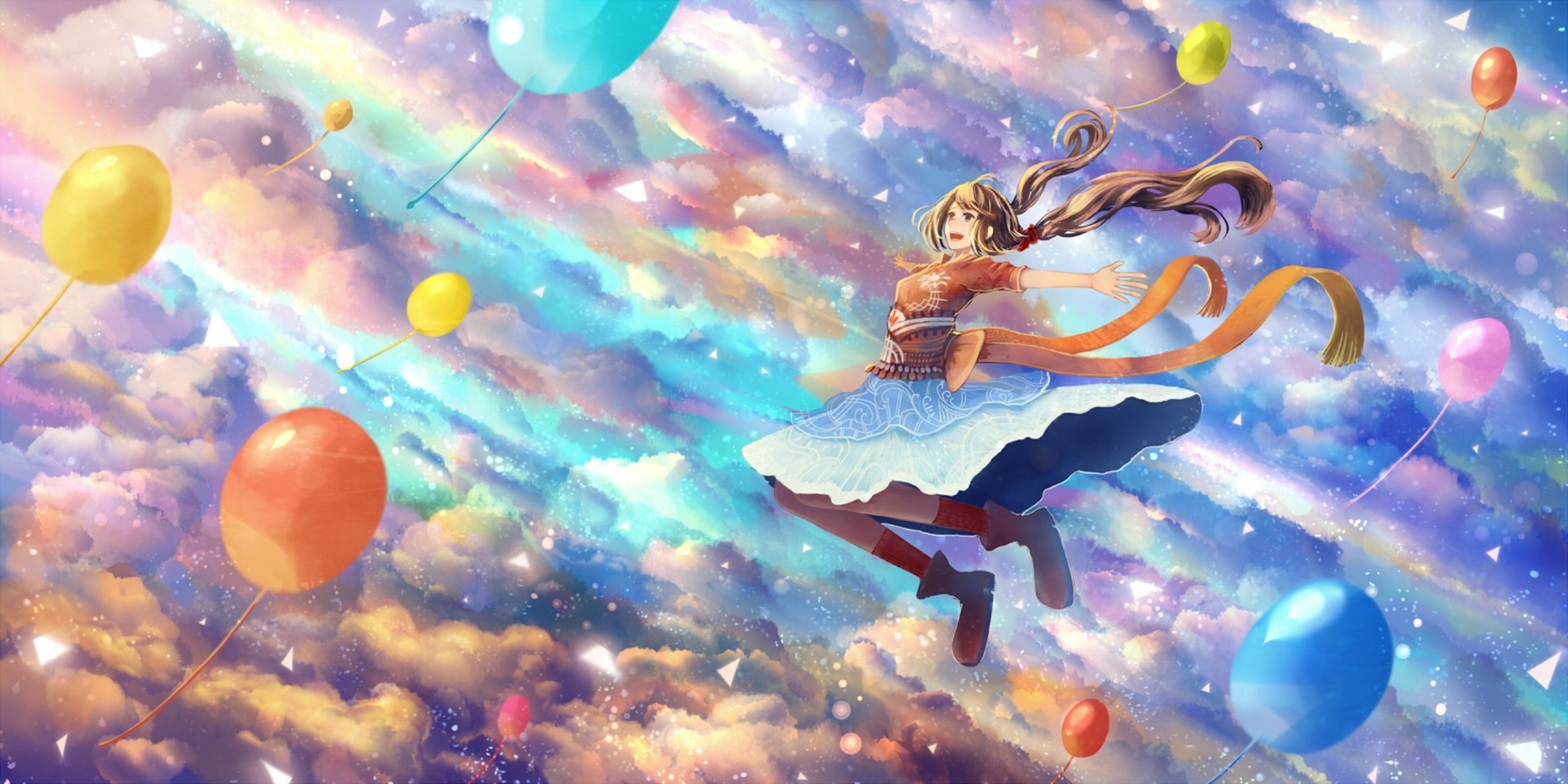 art bounin girl sky clouds bulbs happiness anime