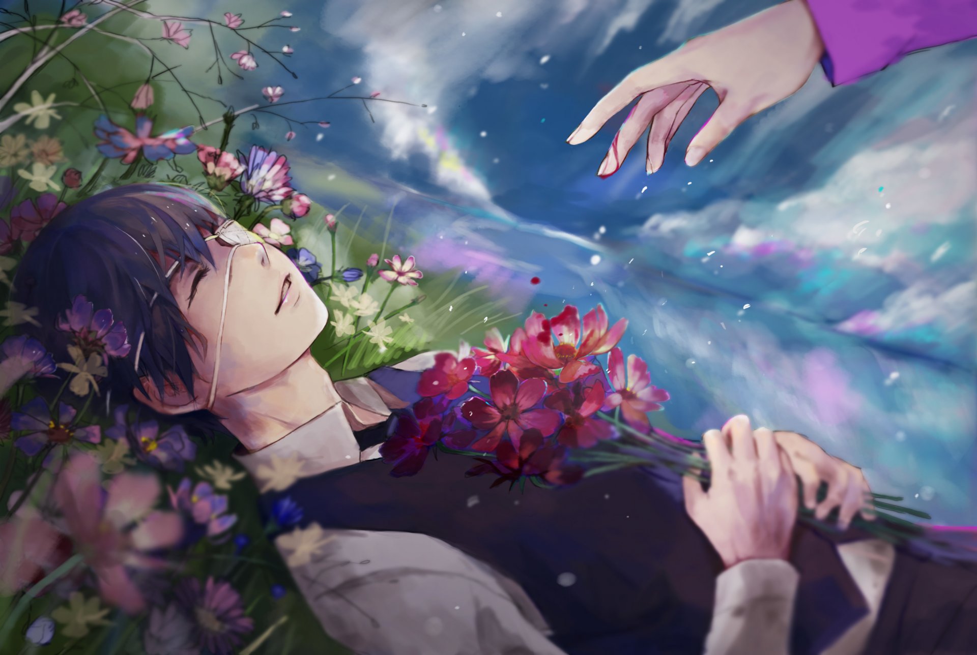 kunst ruoyuwang anime tokyo ghul kaneki ken tokyo ghul kerl regen blumen hand stirnband lächeln himmel wolken