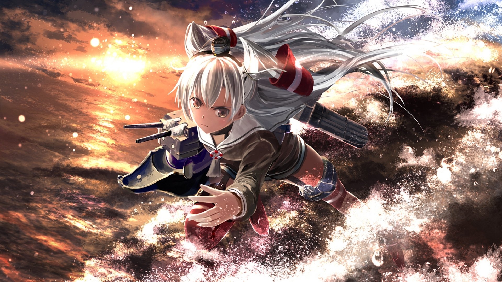 art kouji astral reverie kantai collection amatsukaze rensouhou-kun girl weapon ocean sky sunset clouds sun anime