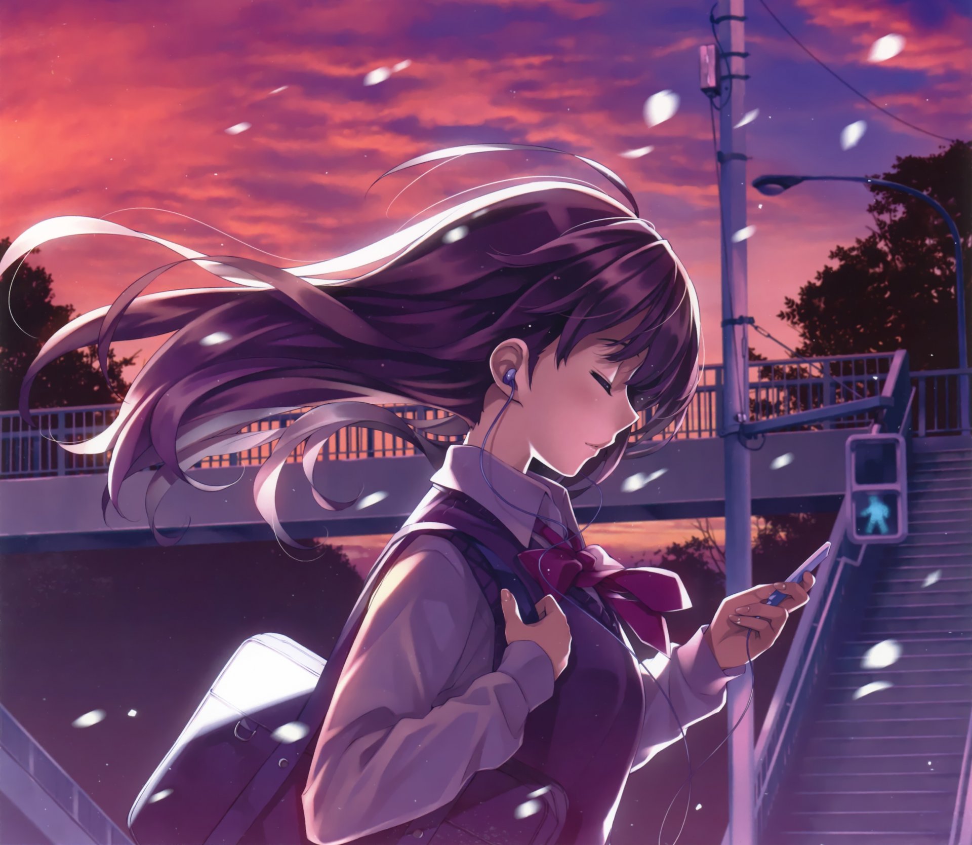 kunst misaki kurehito mädchen schulmädchen kopfhörer drähte himmel sonnenuntergang form spieler anime