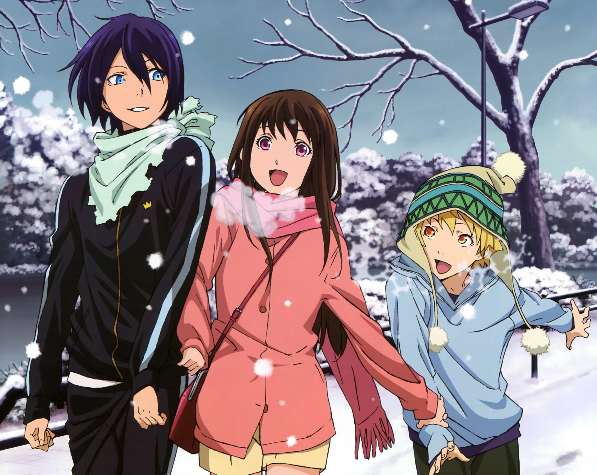 arte anime noragami yato yukine iki hiyori ragazza ragazzi neve inverno freddo sciarpa