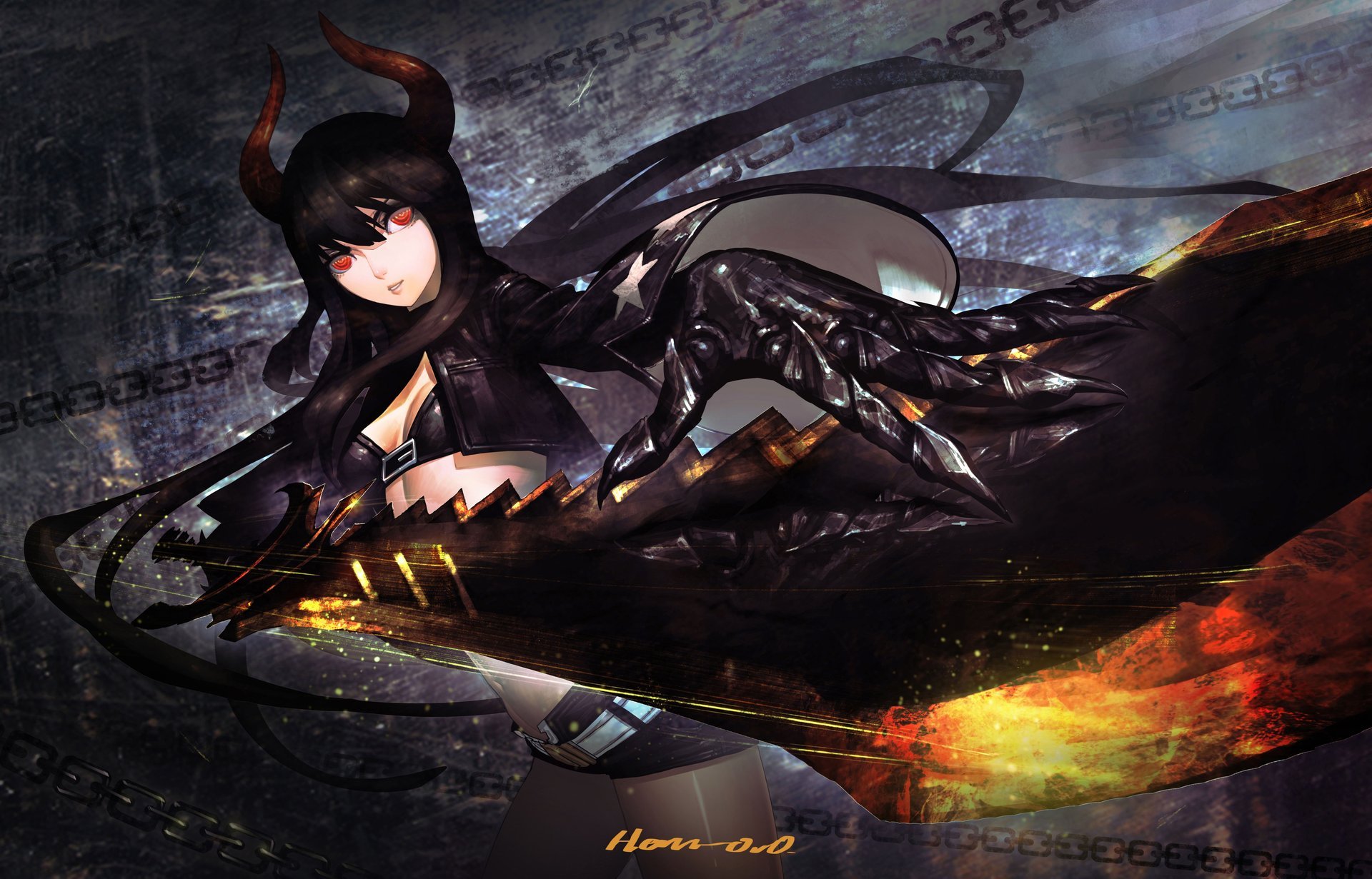 art anime black rock shooter black rock shooter black gold saw girl horns sword weapons chain