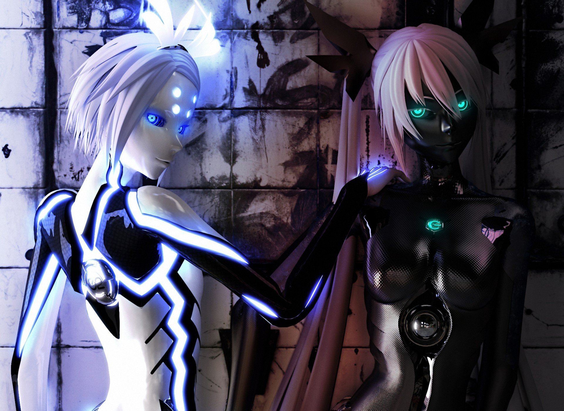 art fosforyzujący rin sadza miku kagamine rin hatsune miku render dziewczyny robot android neon