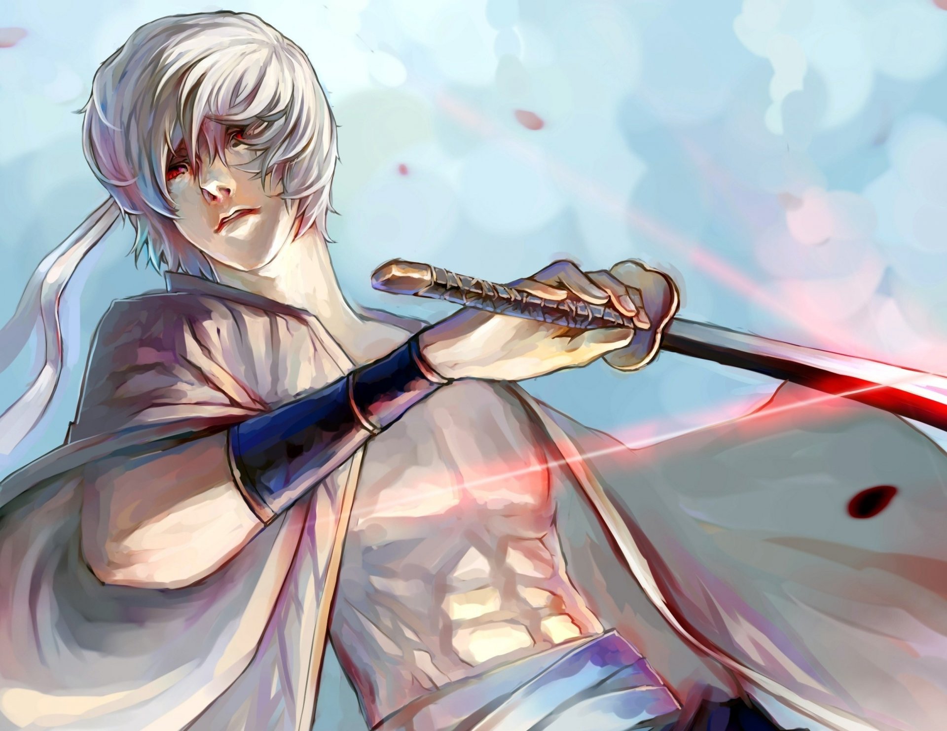 art shimo anime gintama sakata gintoki shiroyasha guy katana weapon petal