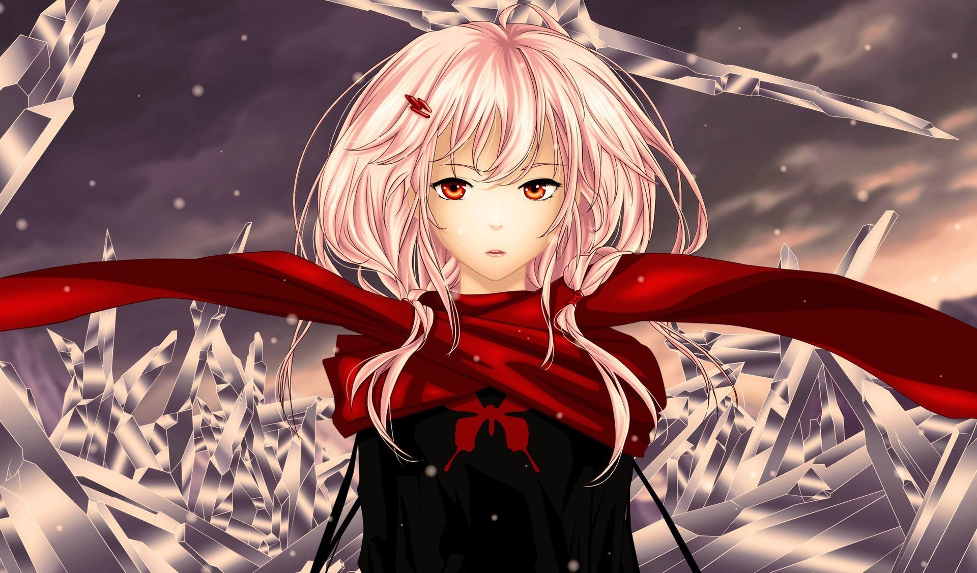 arte corona culpable yuzuriha inori chica bufanda rojo cristales hielo