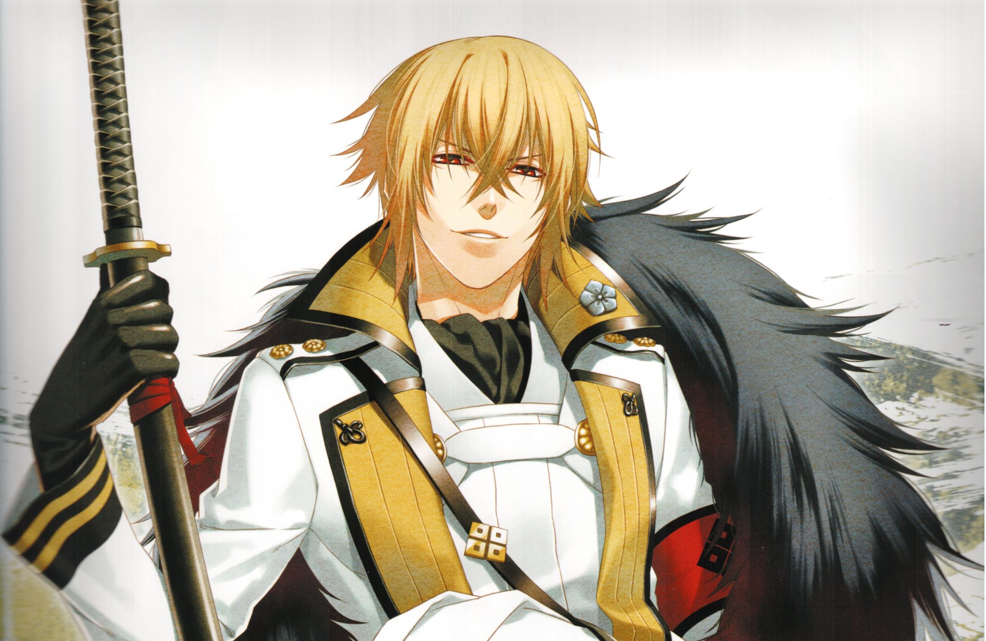 hakuouki hakuouki shinsengumi kitan chikage kazama kerl schwert grinsen blond rote augen militär militär