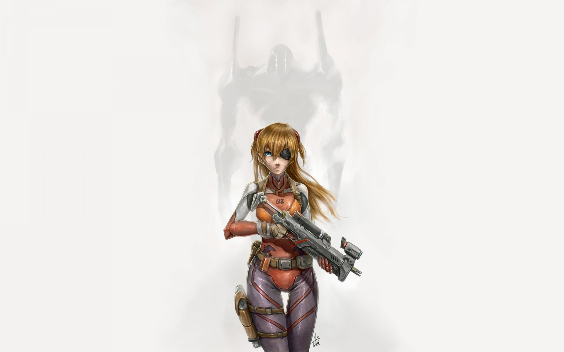 neon genesis evangelion asuka langley eva mädchen anzug waffe einfacher hintergrund