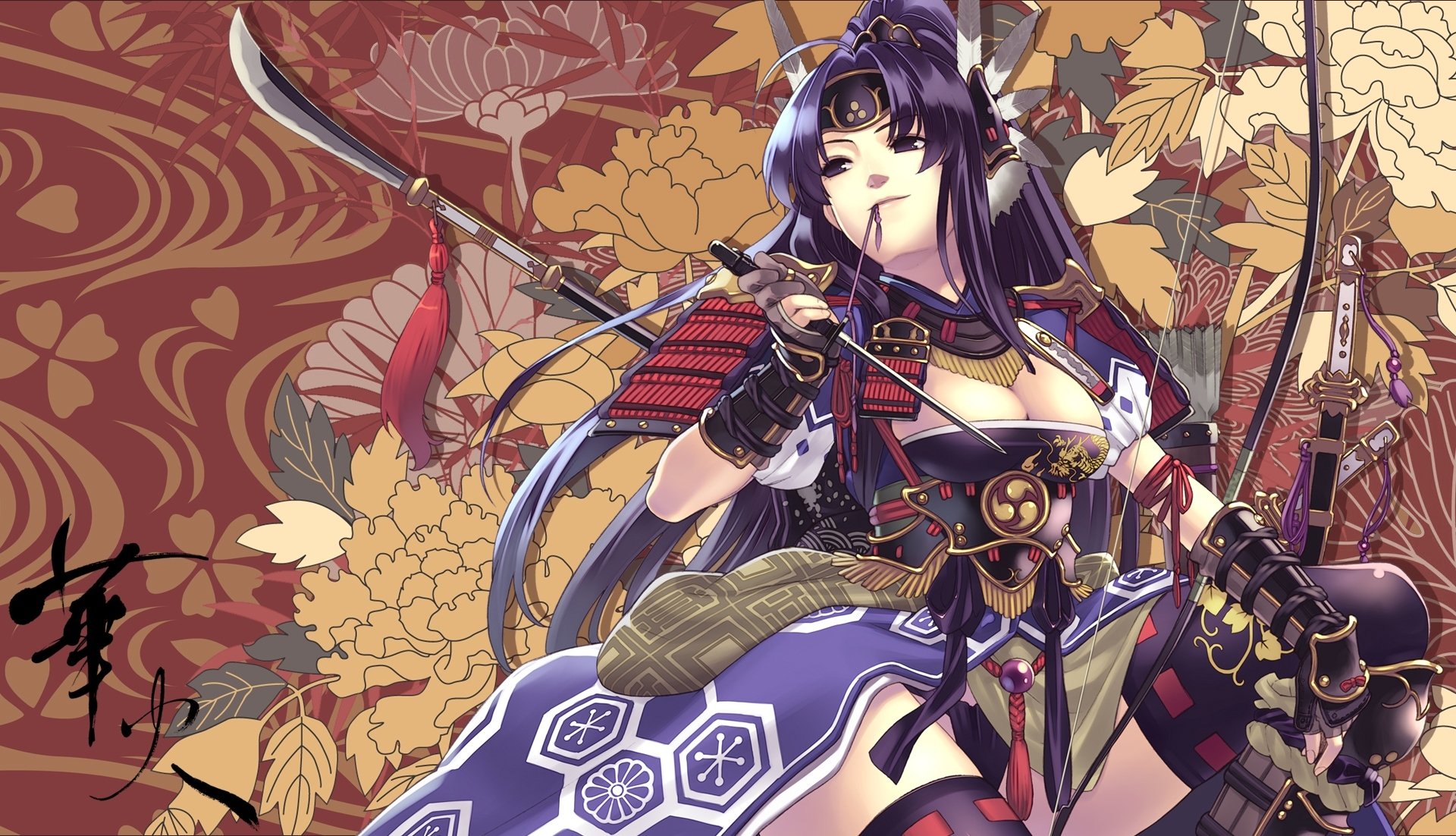 arte hirano katsuyuki ragazza sorriso petto armi armatura samurai