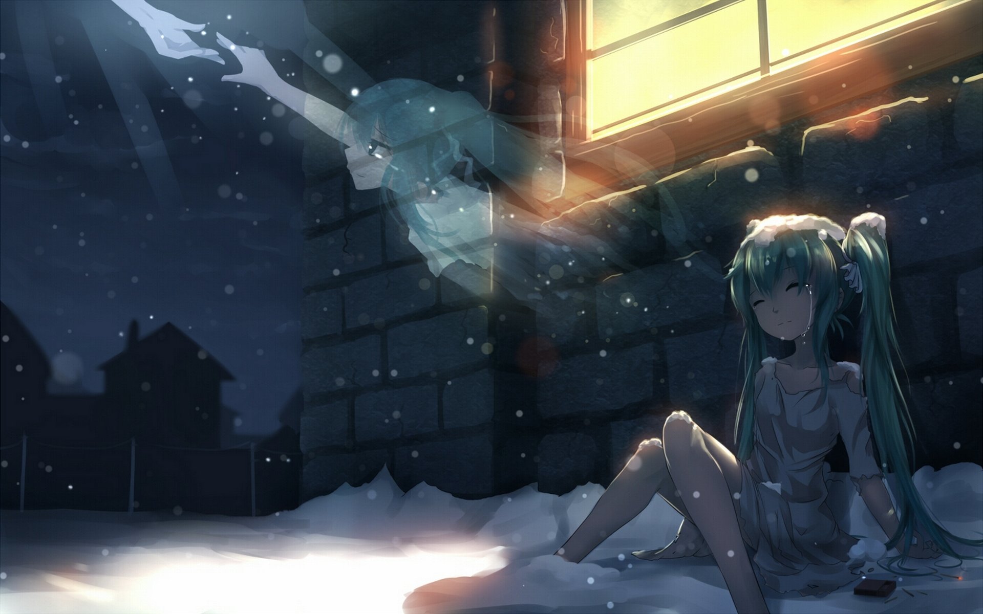 kunst heu ich vocaloid mädchen hatsune miku schnee winter geist tränen haus fenster licht