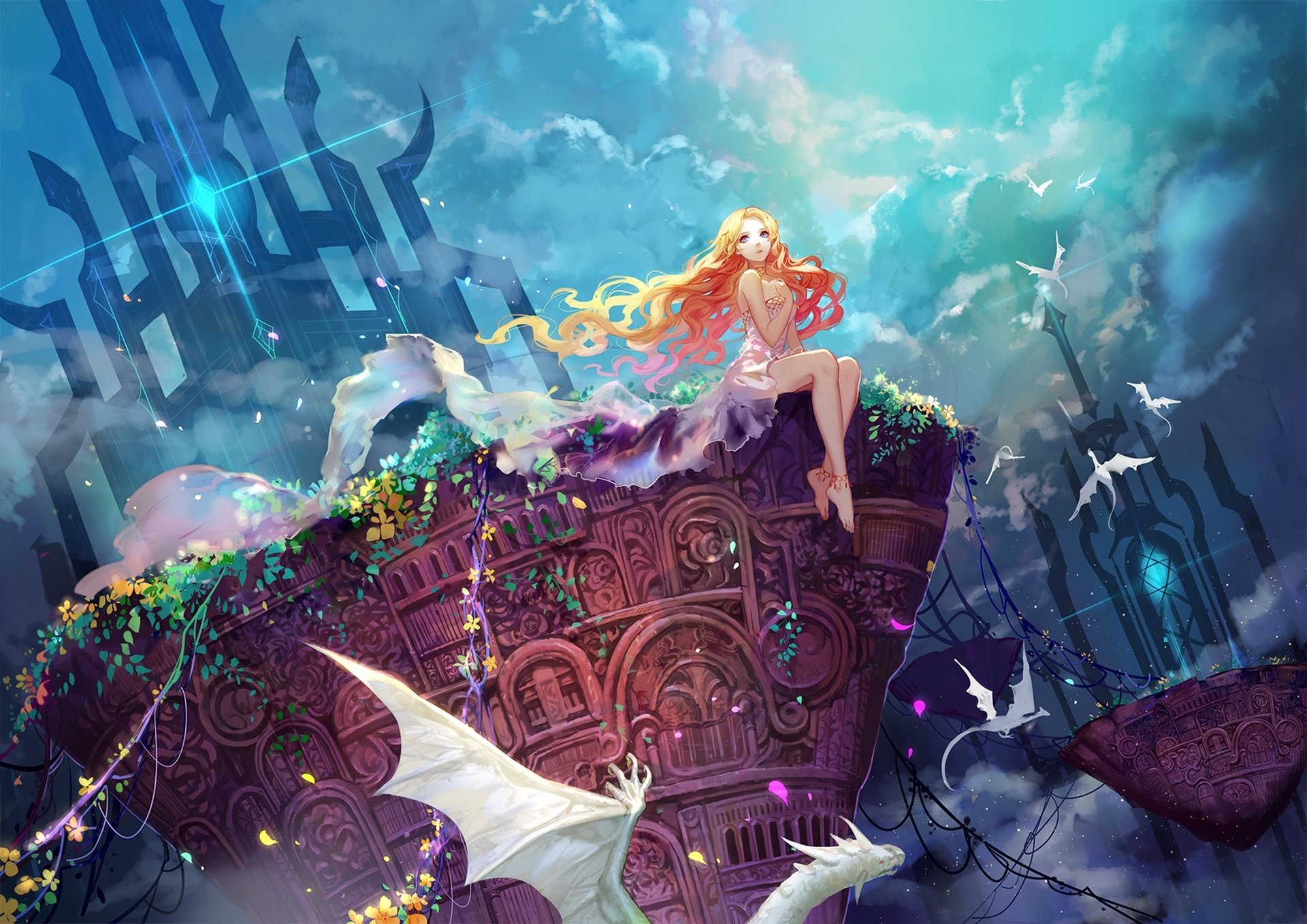 art asuka fille ciel nuages dragons plantes fleurs assis anime