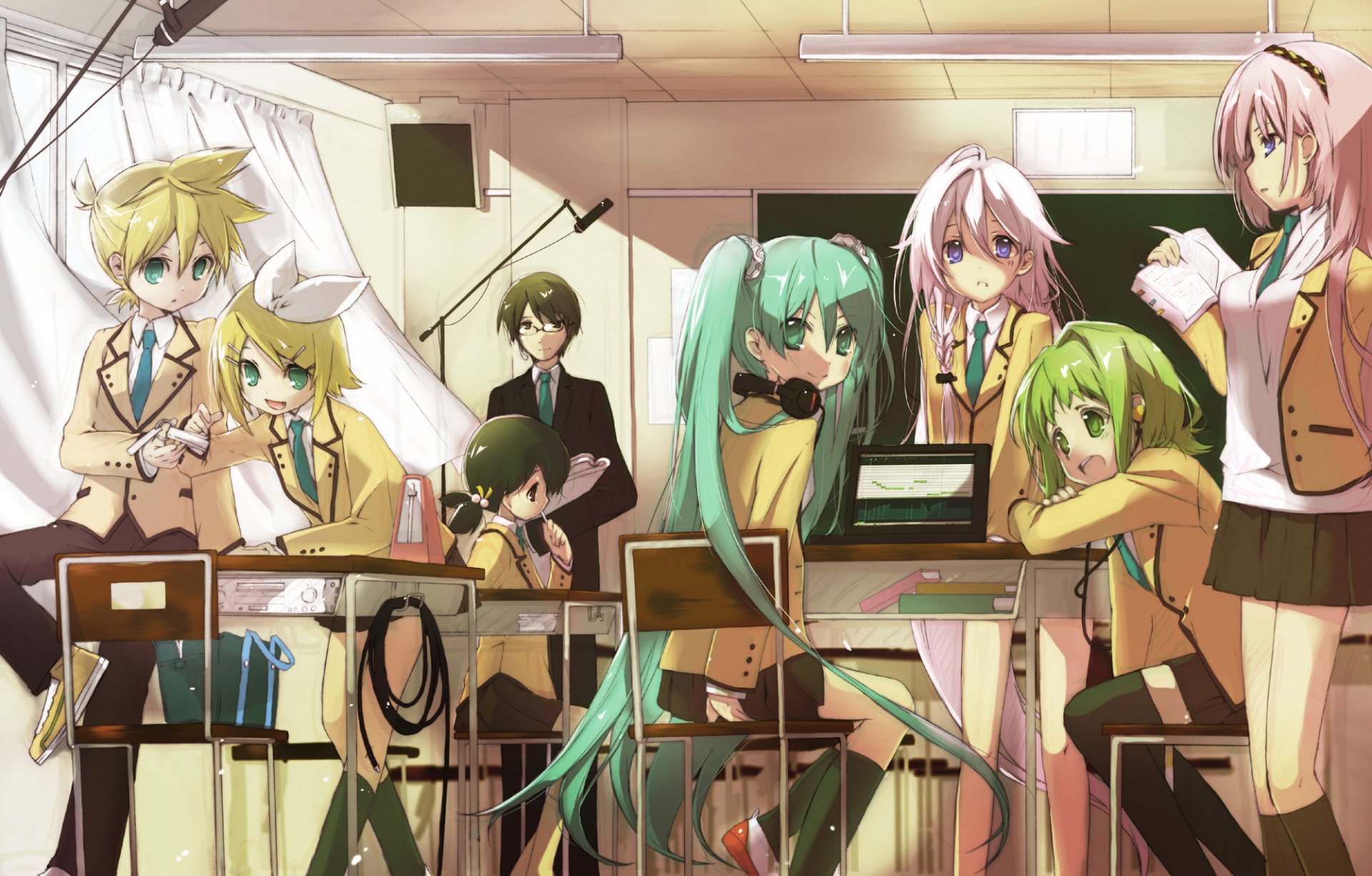 kunst hekicha vocaloid gumi hatsune miku hiyama kiyoteru ia kaai yuki kagamine len kagamine rin megurine luka mädchen jungs klasse vocaloid schreibtische kopfhörer buch brille laptop drähte schulkinder uniform