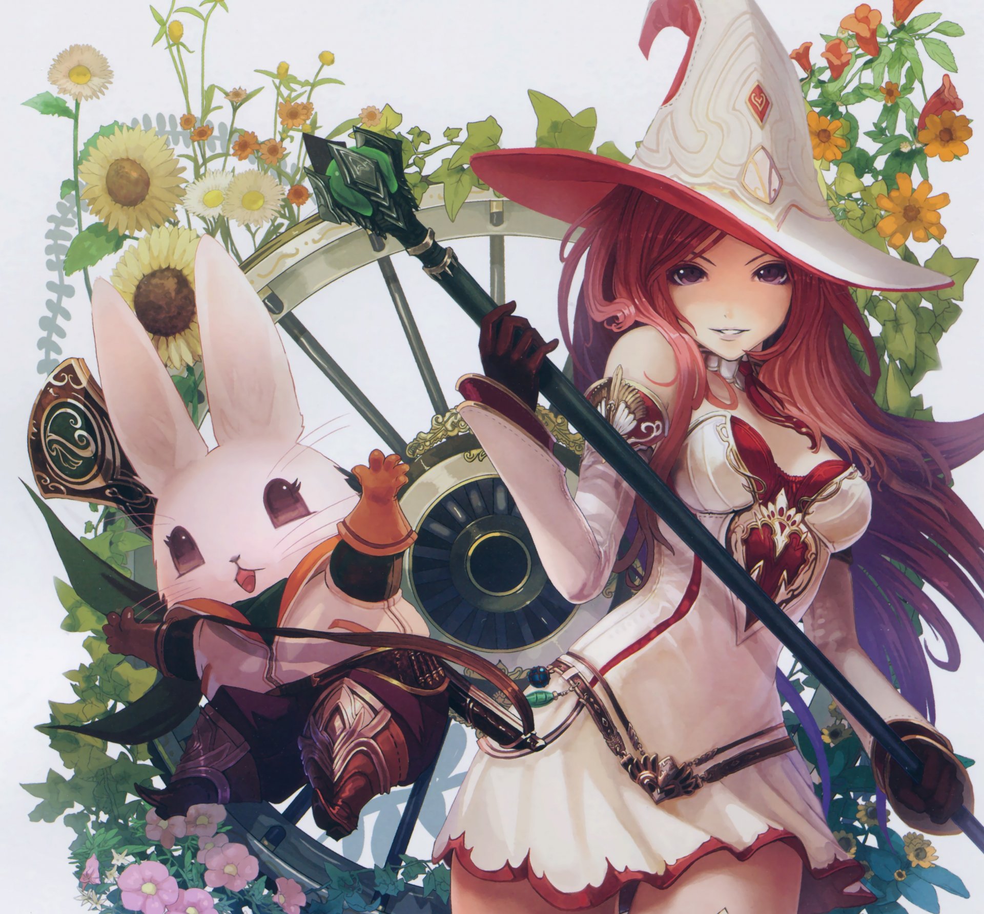 art tachikawa mushimaro bimo shingeki pas bahamut fille chapeau bâton lièvre sourire fleurs anime