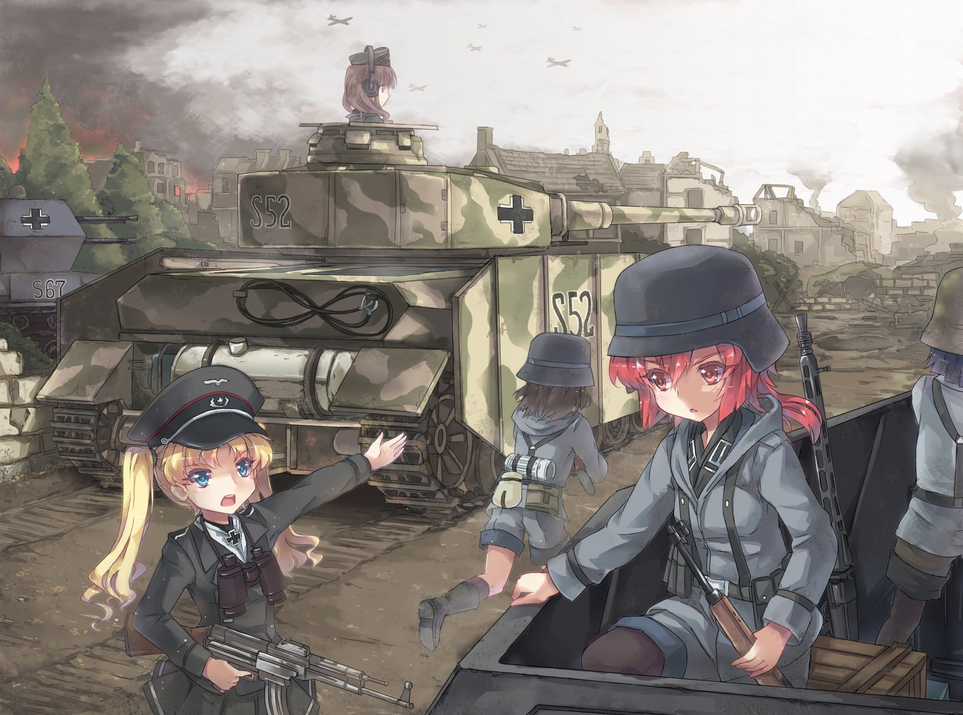 north abyssor art pz. iv girls tank military uniform mg42 stg44 world war town ruins planes smoke glasses men officer