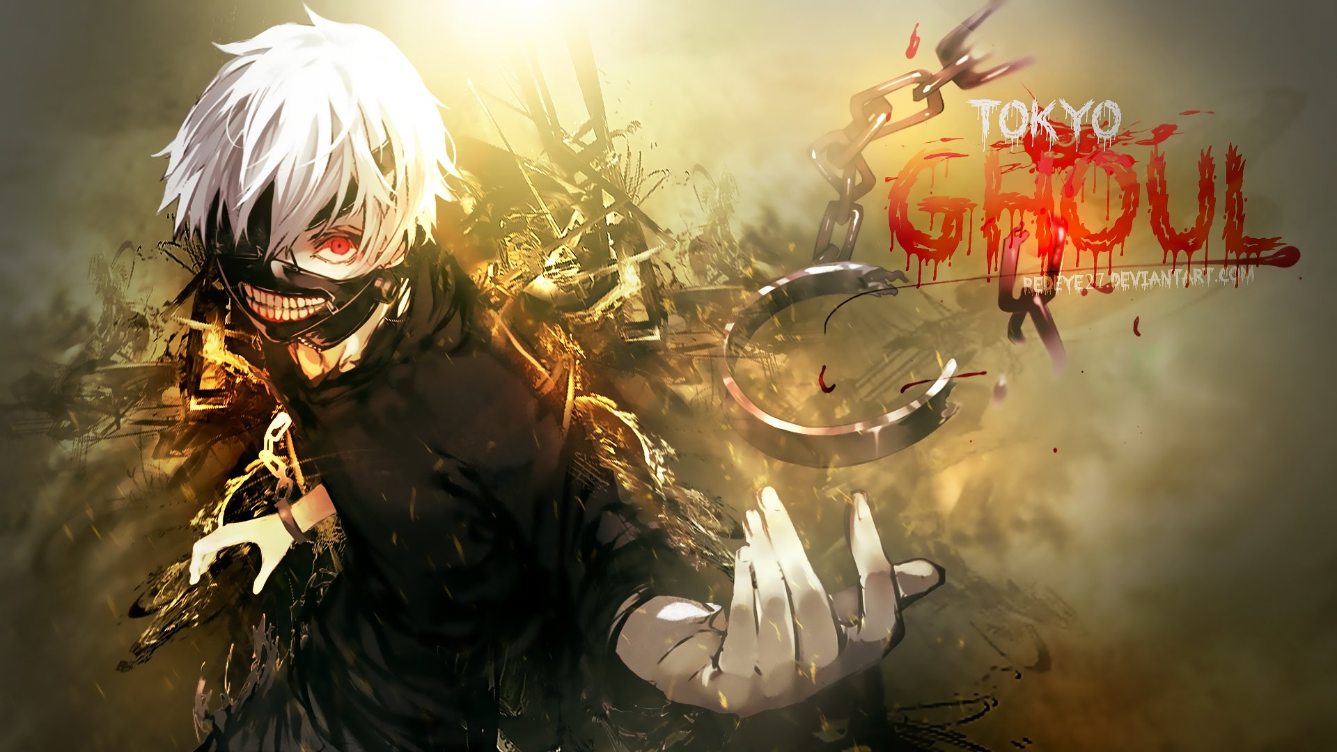 tokyo ghoul tokyo ghoul kaneki ken kaneki ken look mask red eye white hair chains anime