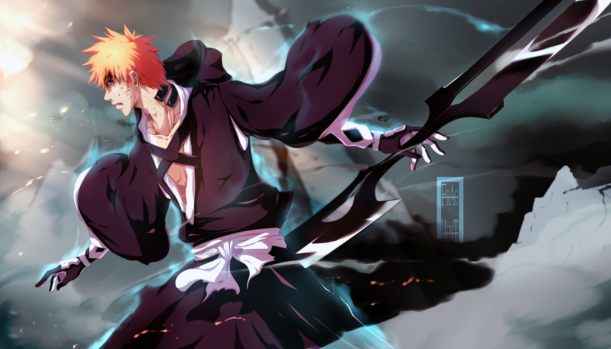 art ifragmentix guy ichigo kurosaki weapons blood wounds magic smoke bleach bleach