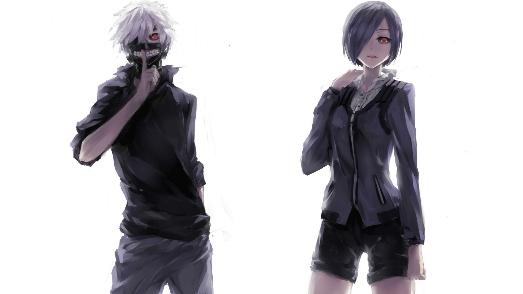 tokyo ghoul tokyo ghoul kaneki ken kirishima touka anime arte sfondo bianco occhi rossi maschera