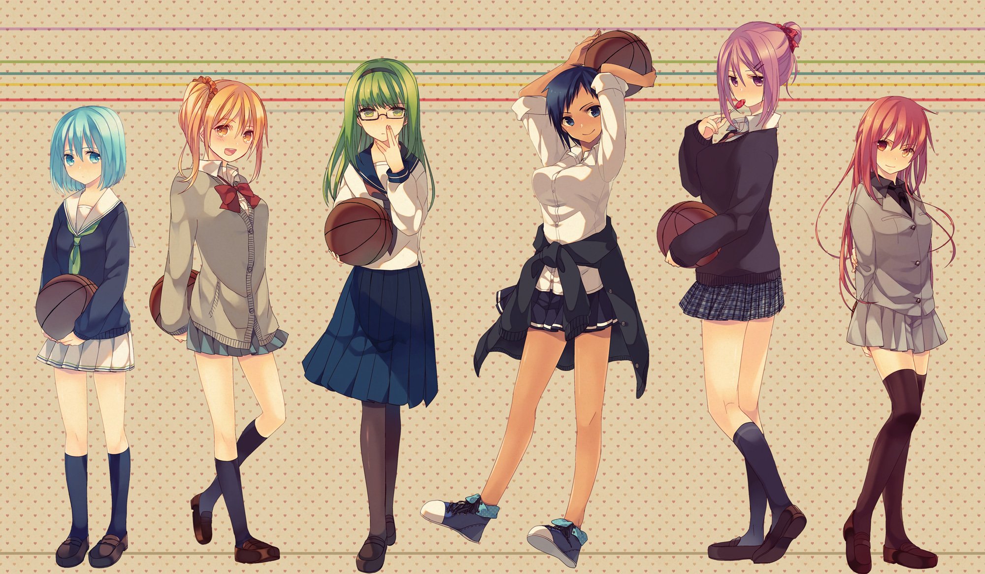 arte namiri anime basket kuroko non kuroko no basket tetsuya kuroko kise ryouta aomine daiki midorima shintarou akashi seijuurou murasakibara atsushi ragazze ragazze della scuola uniforme palla occhiali