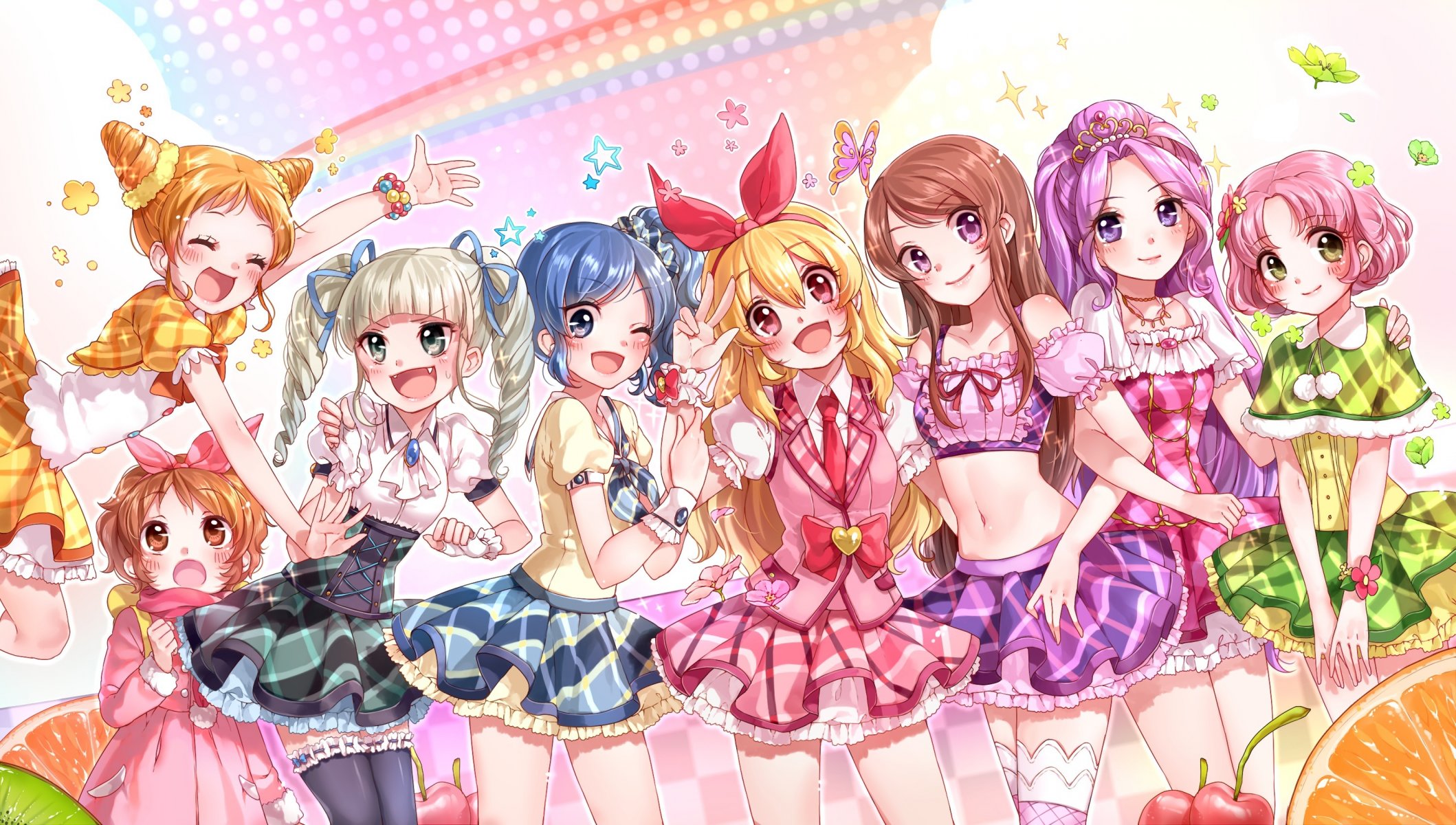 art rojiko anime aikatsu girls arisugawa otome hoshimiya ichigo hoshimiya raichi kanzaki mizuki kiriya aoi kitaooji sakura shibuki ran toudou yurika bows stars flowers tiara