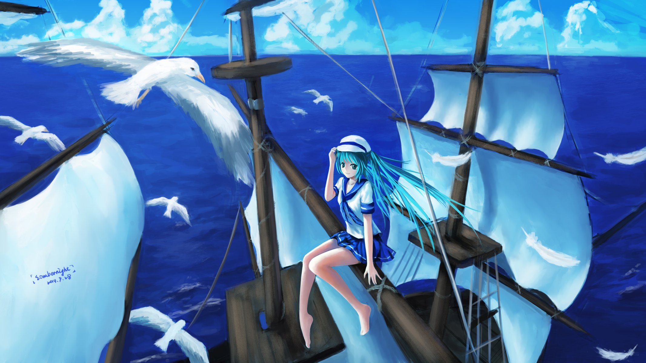 kunst sombernight hatsune miku mädchen vocaloid möwen himmel wolken ozean anime schiff höhe