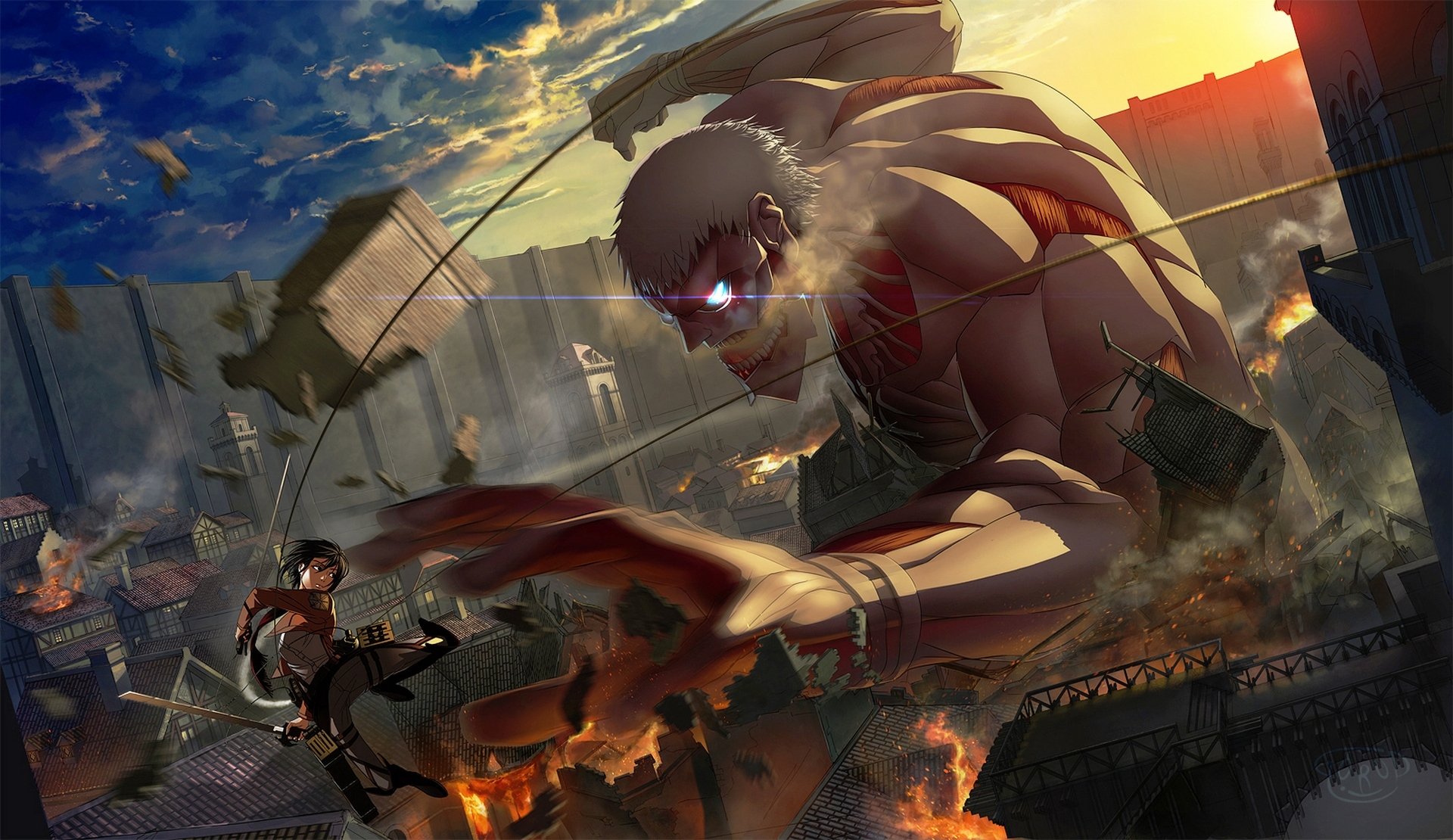 kunst mädchen mikasa ackerman ruhe klingen befestigungen soldat fliegen gepanzerter titan wut stadt zerstörung kein shingeki kein kyojin