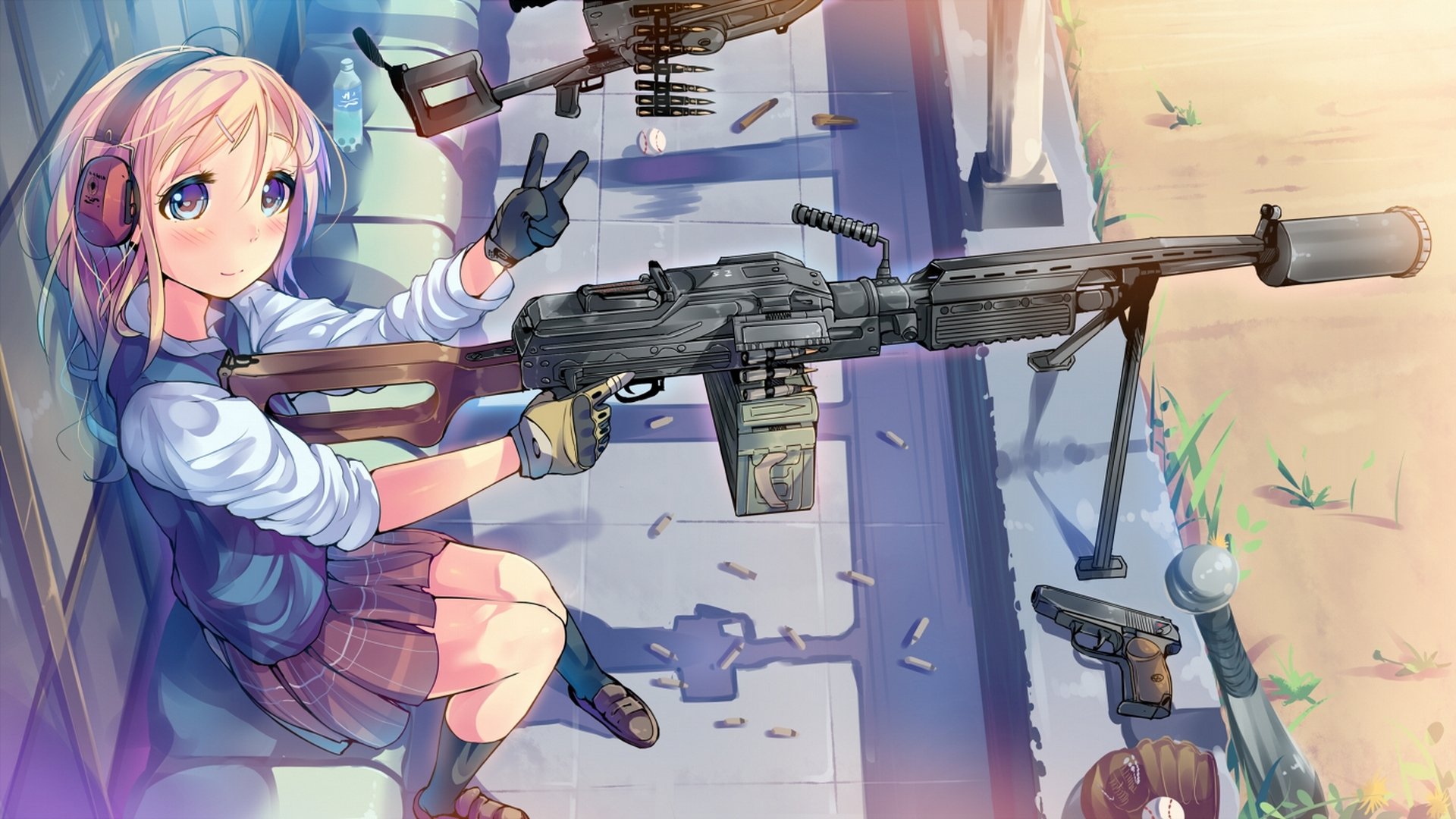 arte daito armi pistola cuffie proiettili bottiglia acqua ragazza anime