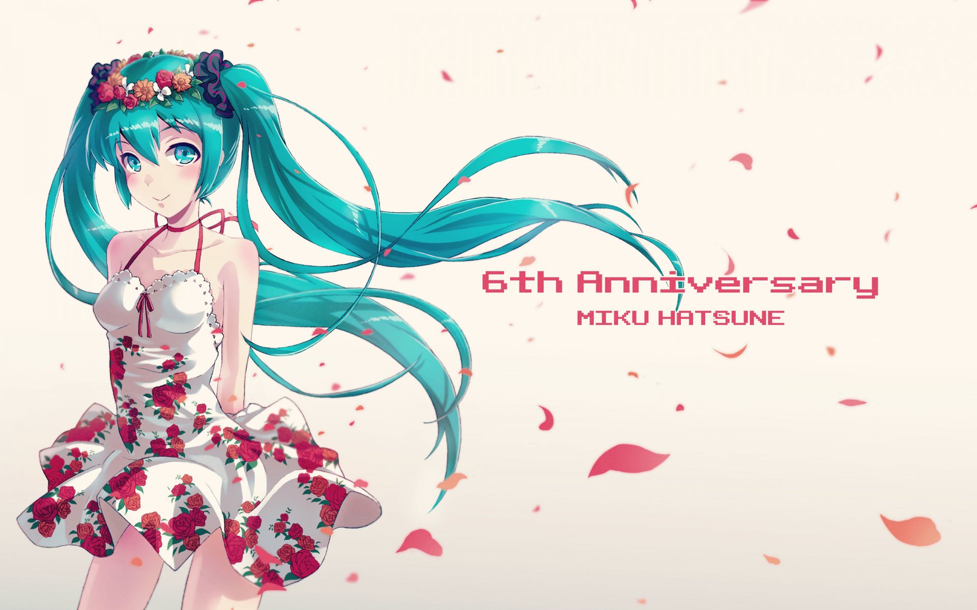 kunst 40hara mädchen hatsune miku blick lächeln blütenblätter einfacher hintergrund vocaloid vocaloid