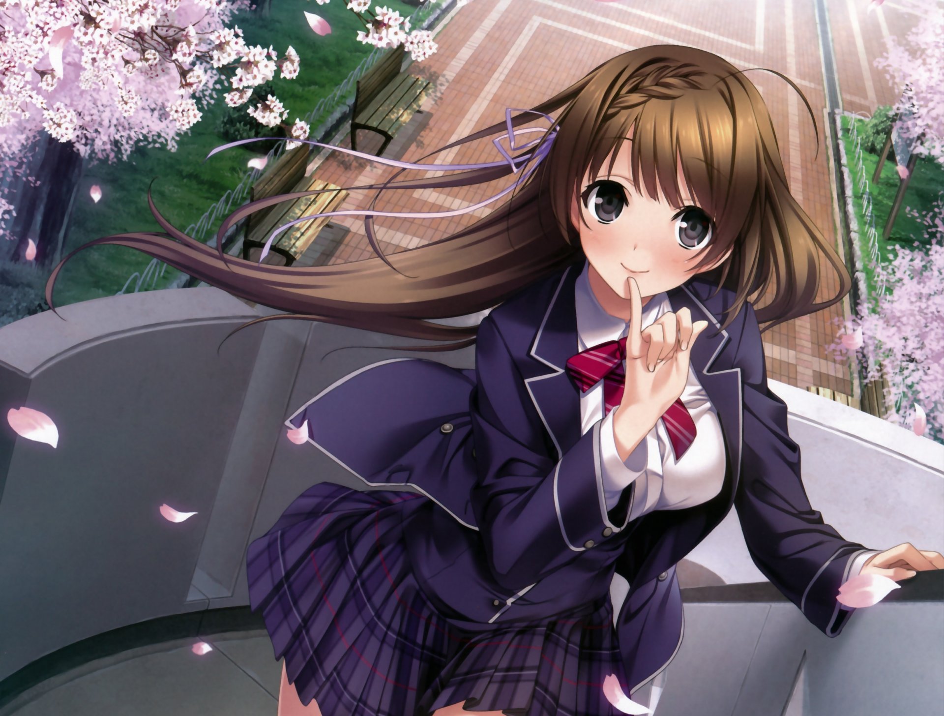 art mikoto akemi girl yasumi itsuki view smile gesture form park sakura petals haru ki