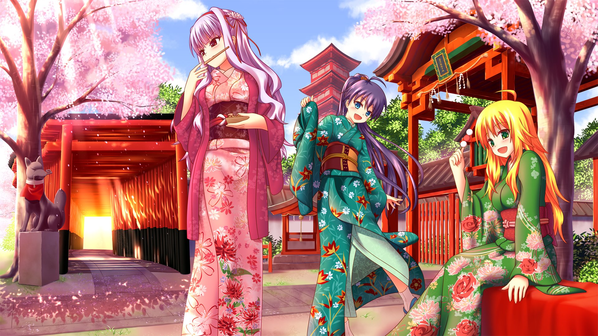 arte ragazze kimono sakura cancello cibo raggi di sole