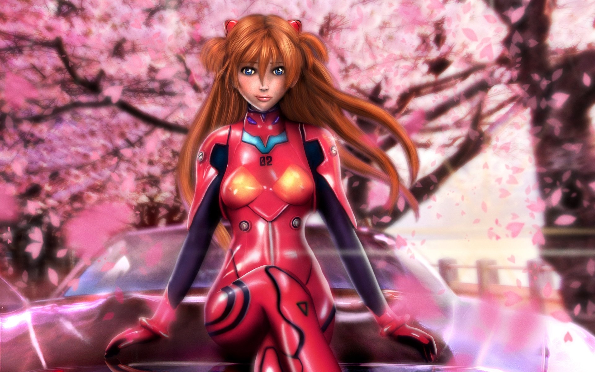 neon genesis evangelion asuka langley chica traje sentado coche campana cereza hojas