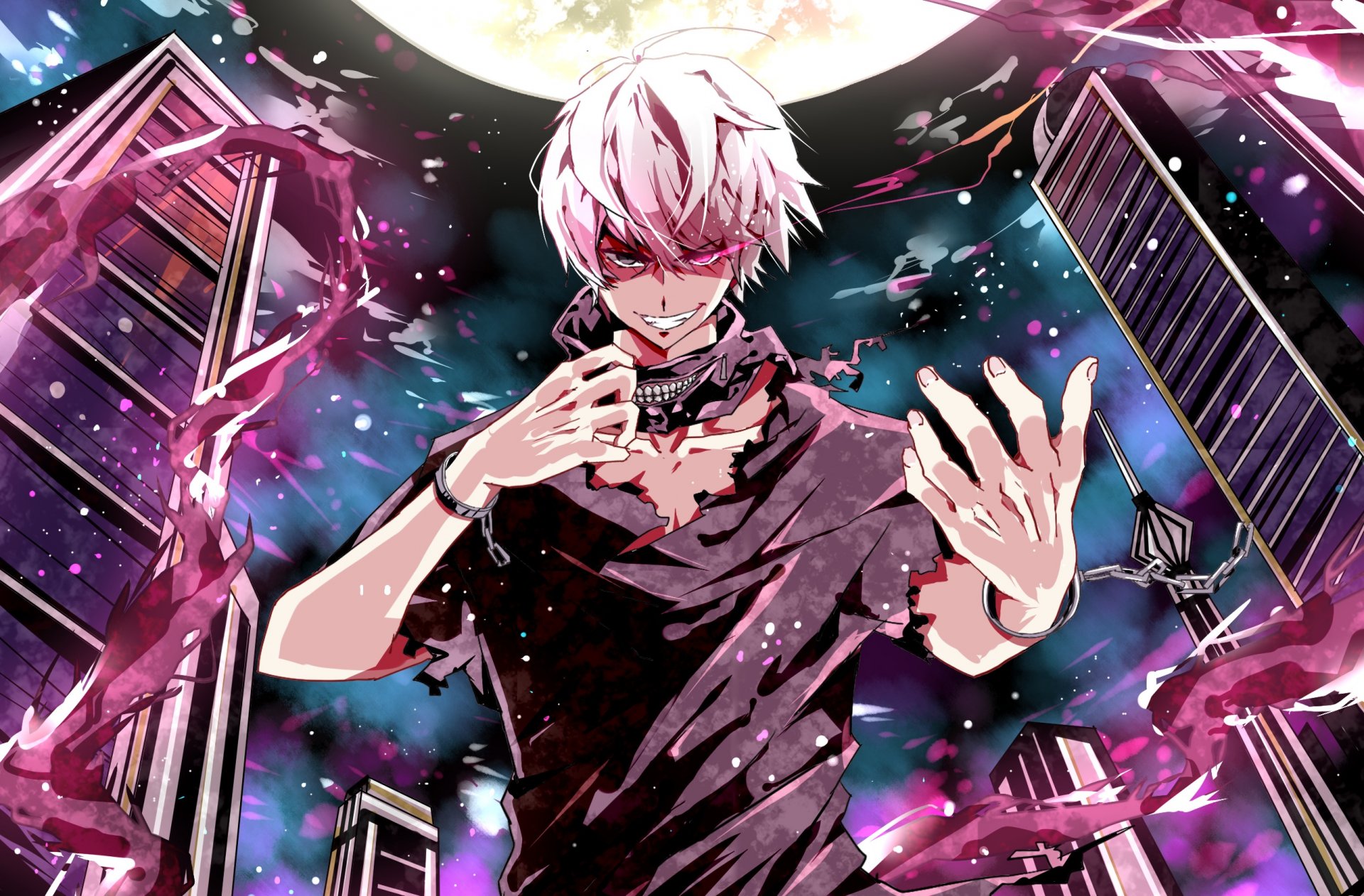 art motoki2211 anime tokyo ghoul tokyo ghoul kaneki ken facet księżyc maska miasto domy noc