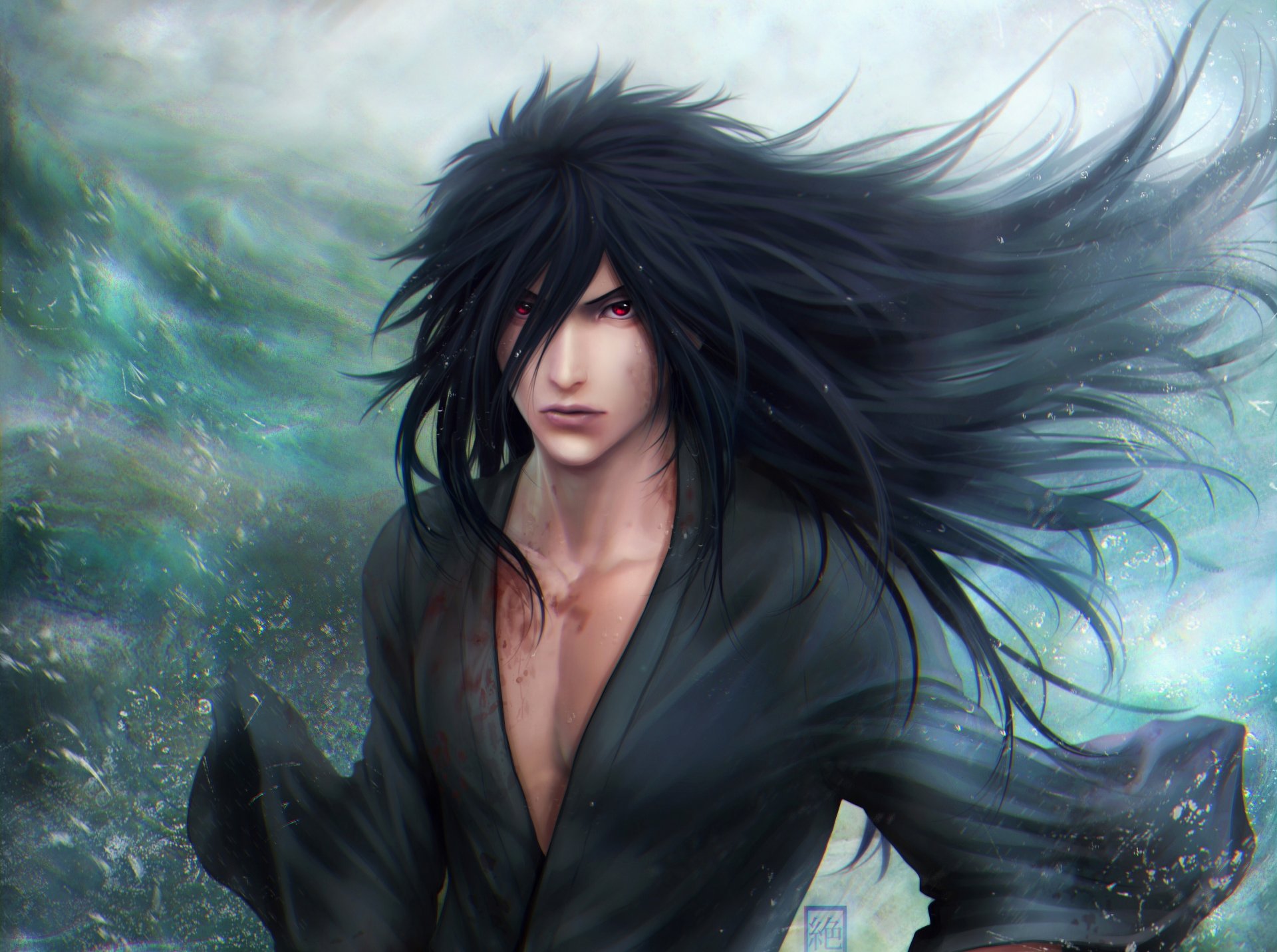 art zetsuai89 guy uchiha madara view wind blood sea naruto