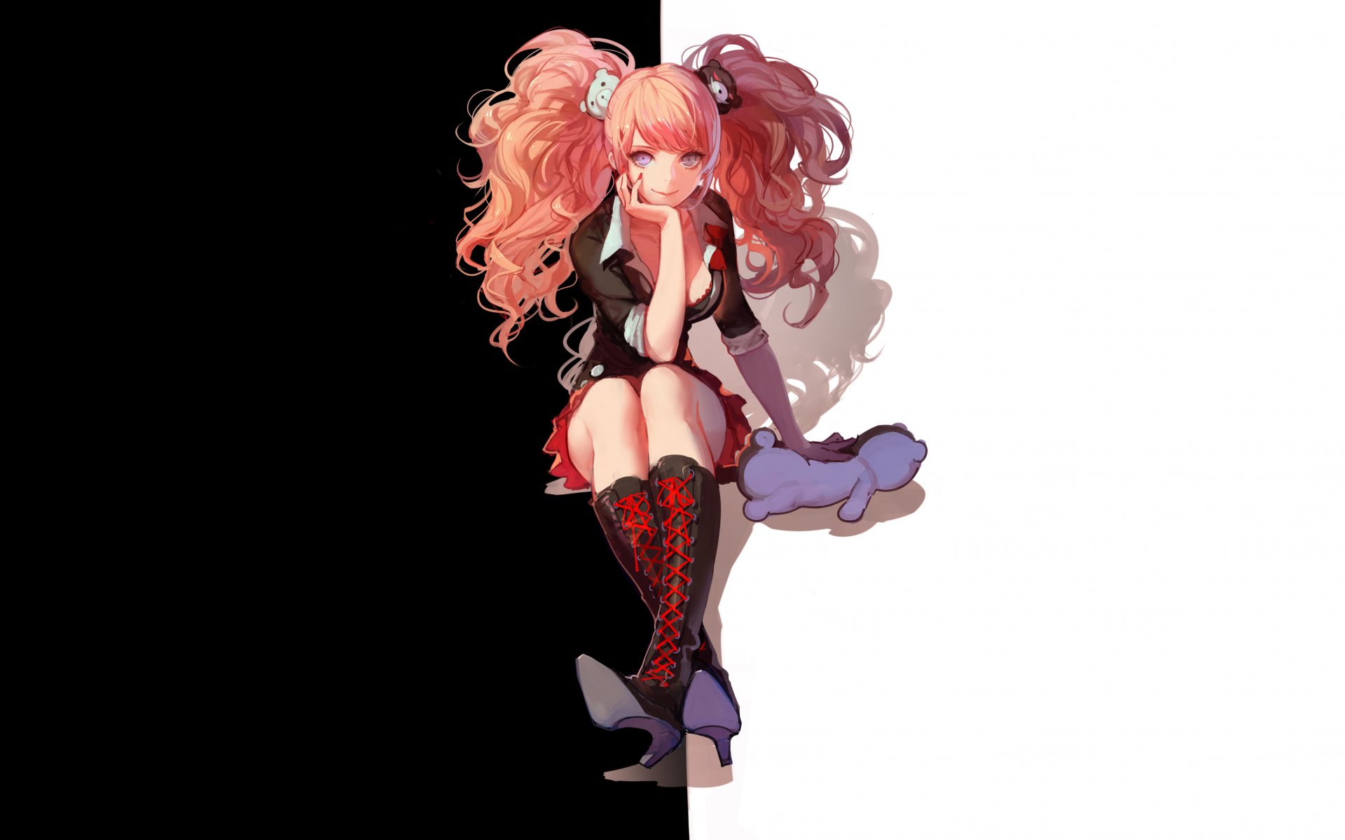 art asukaziye enoshima junko dangan-ronpa danganronpa monokuma girl red hair teddy bear black white anime