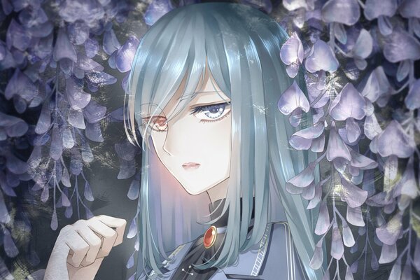 Sad girl in blue flowers. KR