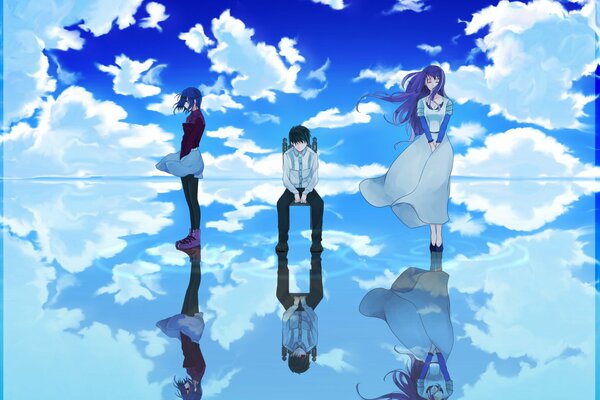 An anime drawing of a guy and two girls against a background of clouds reflected in a mirror surface