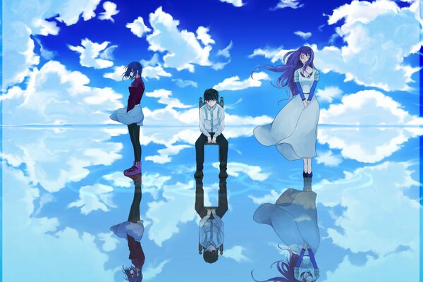 Figura de anime chico y dos chicas en el fondo de las nubes reflejadas en la superficie del espejo