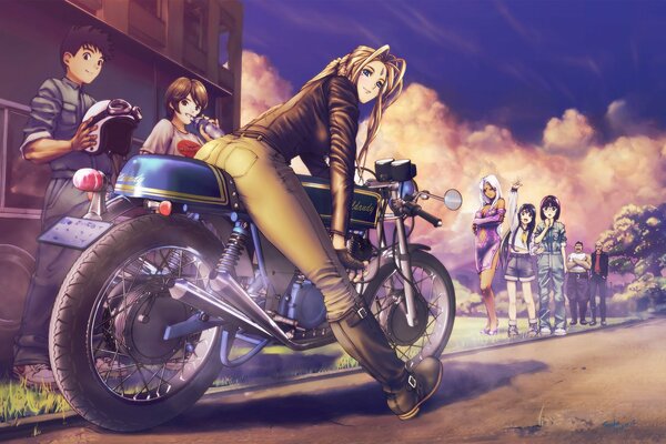 Mädchen auf einem Motorrad vor der Menge gawker
