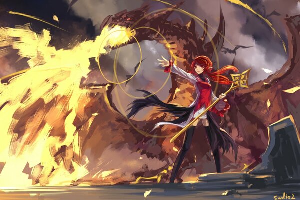 A girl with a staff on the background of fire from the anime