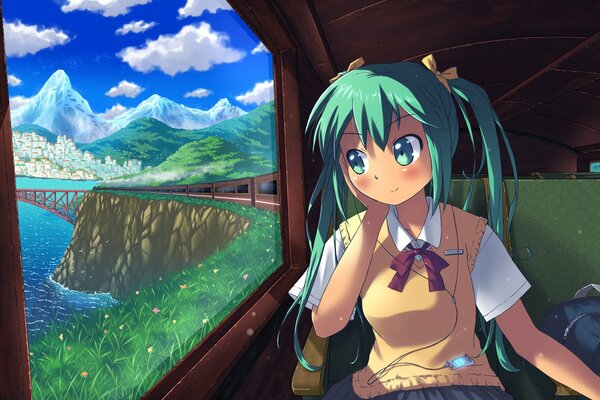 A schoolgirl rides a train at the window