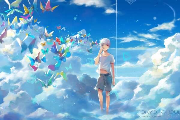 A guy and butterflies in the sky in the clouds