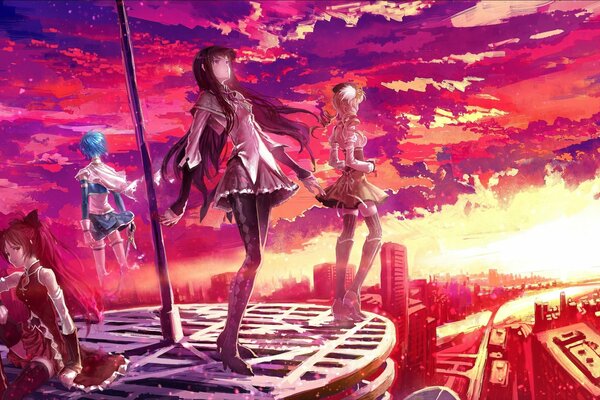 Las hechiceras de mahou shoujo en el fondo de la ciudad