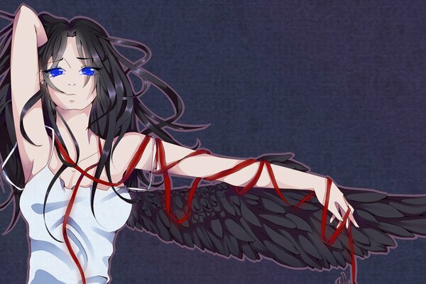 Anime angel with black wings holding a red thread