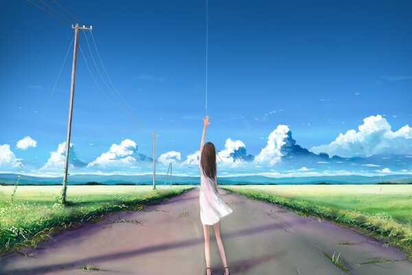 A girl reaches for the sky on a deserted road