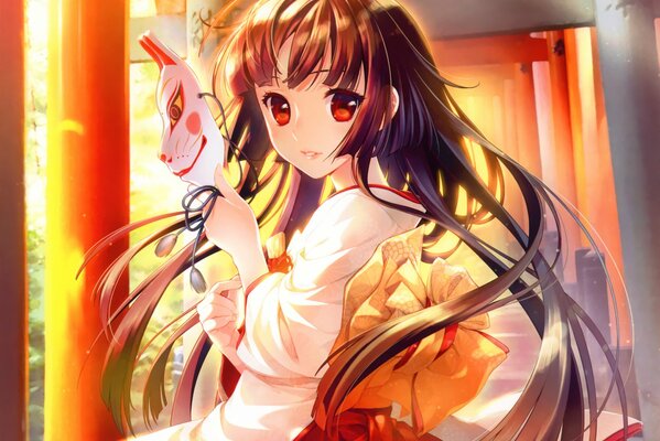Anime girl in kimono with mask in hand