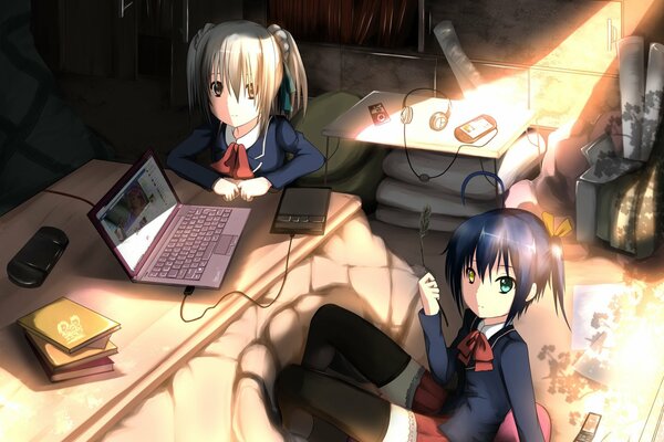Anime schoolgirls after school at home