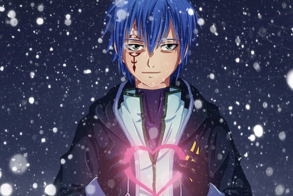 Anime guy in the snow with a heart