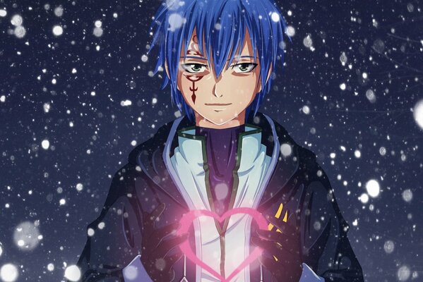 Anime Guy dans la neige avec un coeur