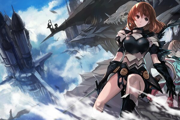 Fantasy warrior in a black dress with a sword high above the city