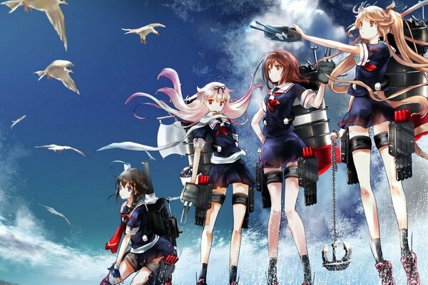 Anime filles avec des armes dans les nuages