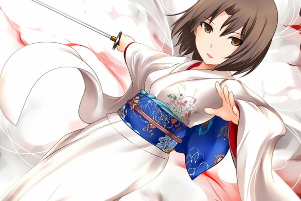 A girl with short hair in a kimono with a sword cutting through the air