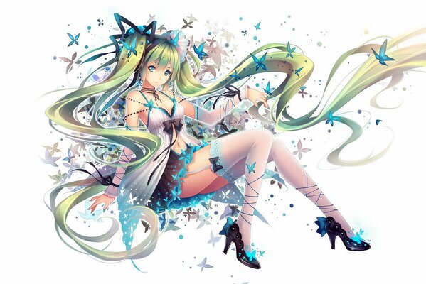 Hatsune Miku sitzt mit sich im Wind entwickelnden Haaren in Strümpfen